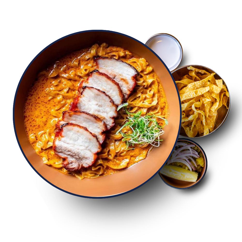 Khao Soi BBQ red pork — Cantonese-style char siu in coconut curry broth