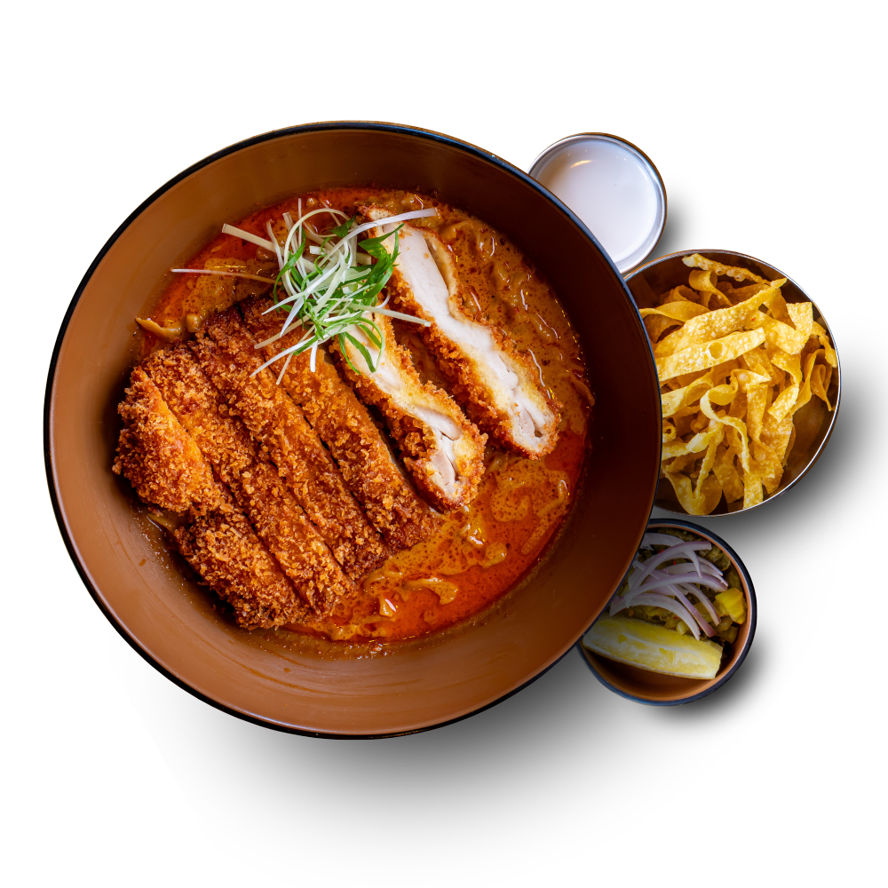 Khao Soi chicken katsu — crispy Japanese cutlet in coconut curry broth at Khaosoi