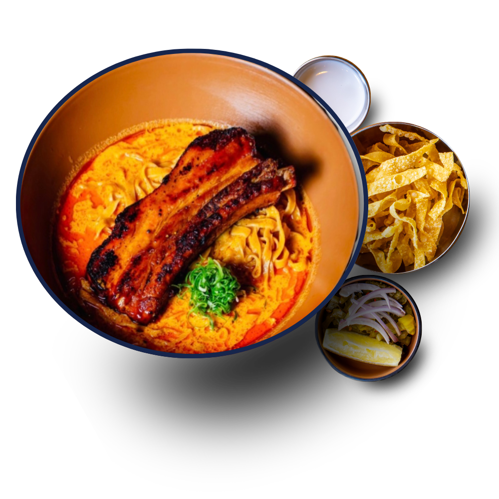 Khao Soi grilled pork rib — smoky charred pork rib in Northern Thai coconut curry broth