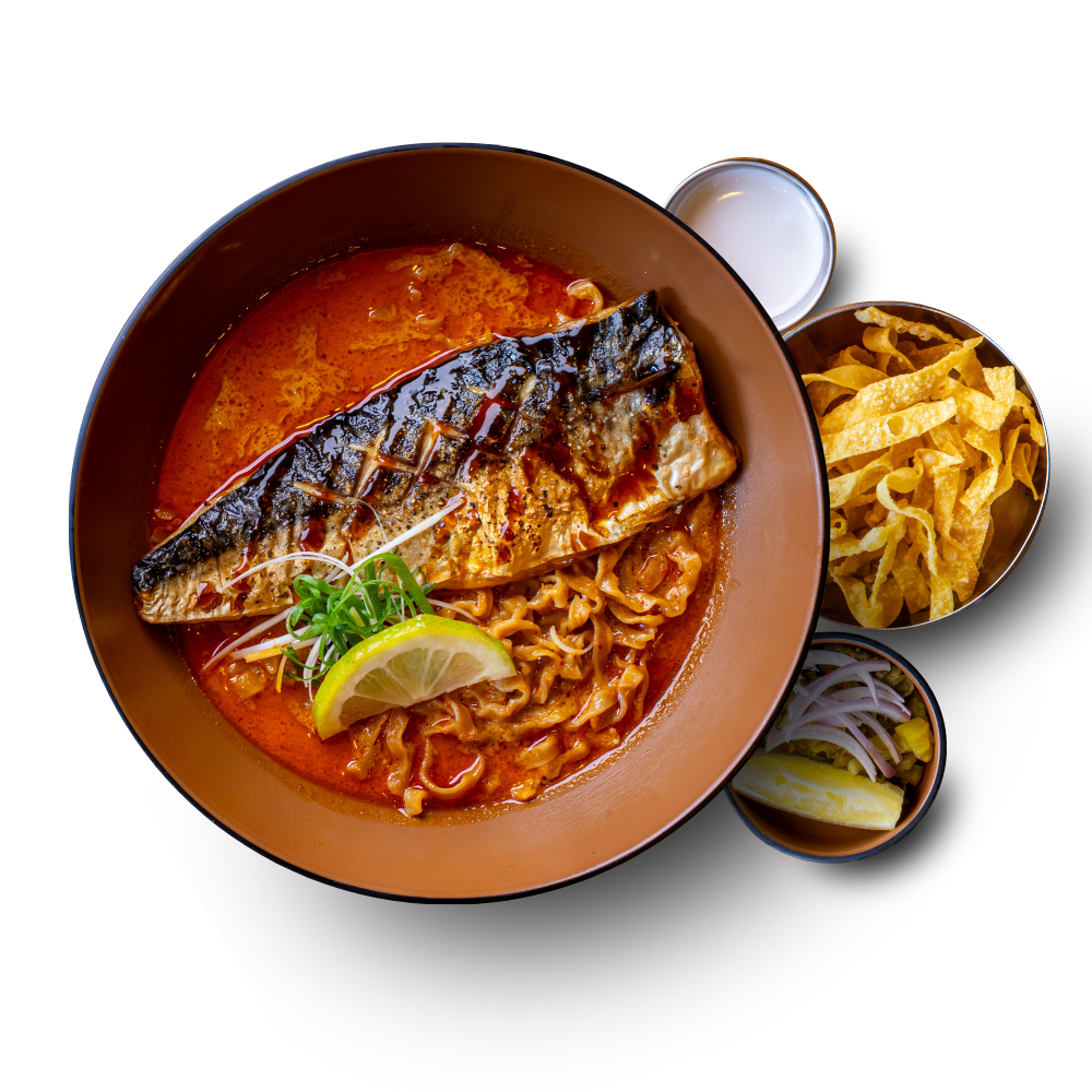 Khao Soi saba shioyaki — grilled Japanese mackerel in Northern Thai coconut curry broth
